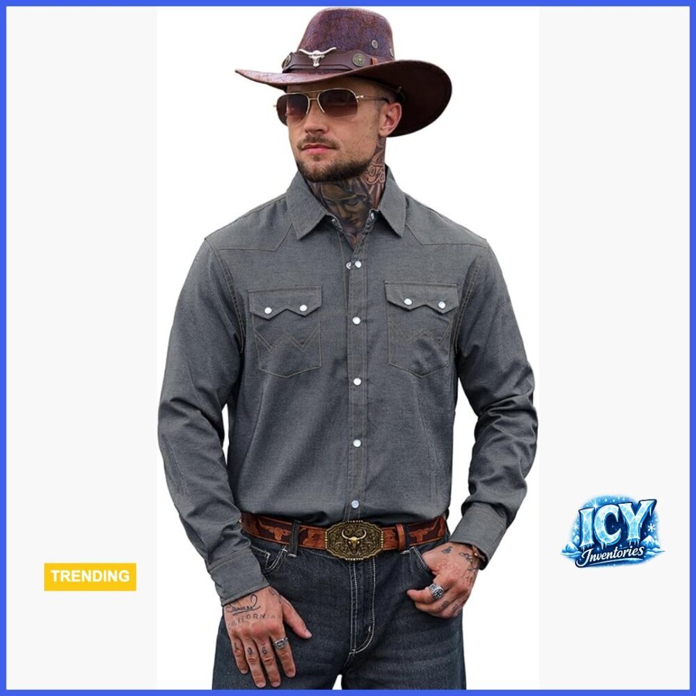 Western Pearl Snap Shirt Cotton Blend Cowboy Style Long Sleeve